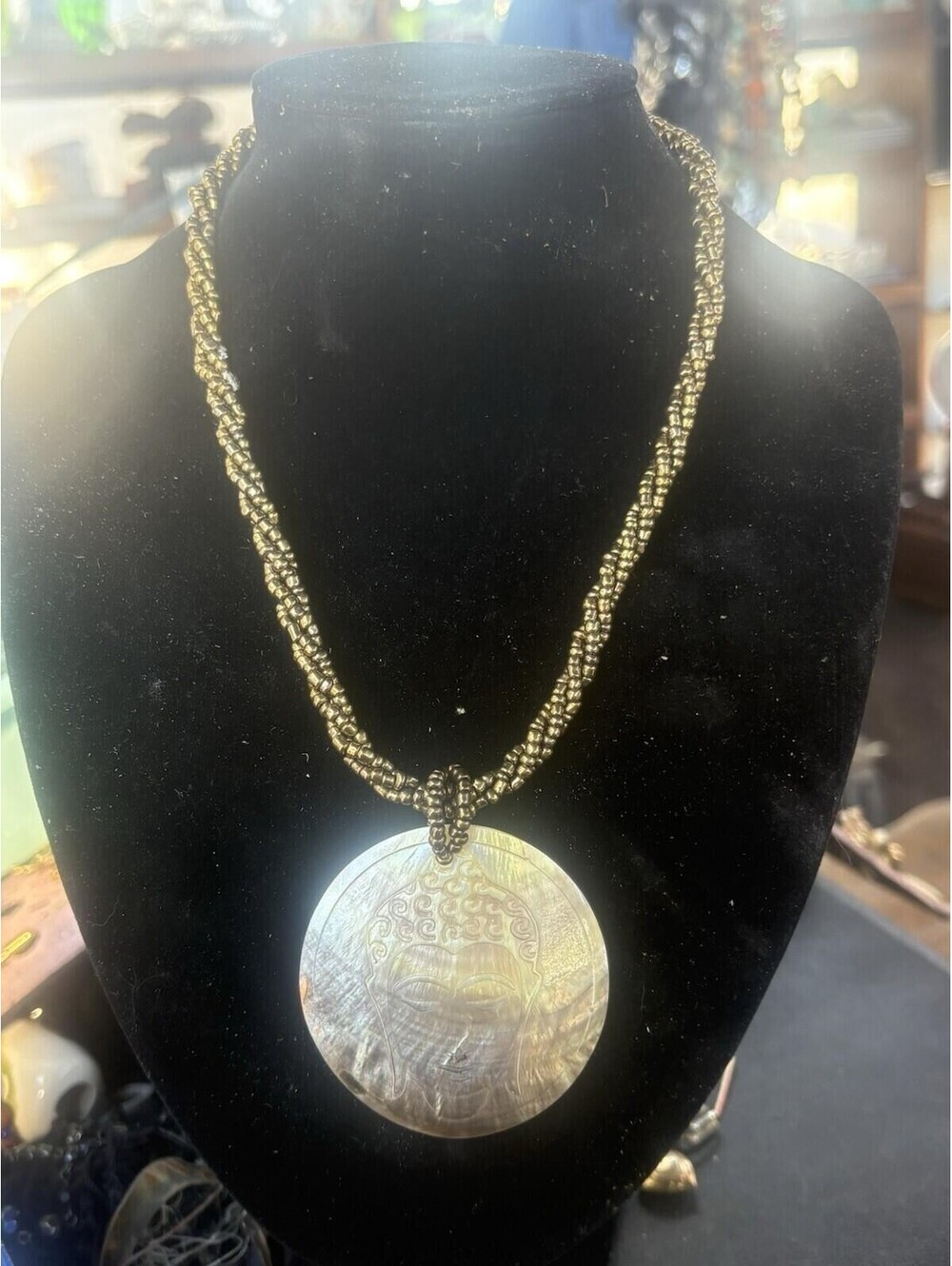 Bronze Seed Bead And Mother Of Pearl Pendant Necklace With Buddha